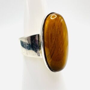 STERLING SILVER 925 Vintage Wide Band Oval Natural Tiger Eye Chunky Ring, Size 8